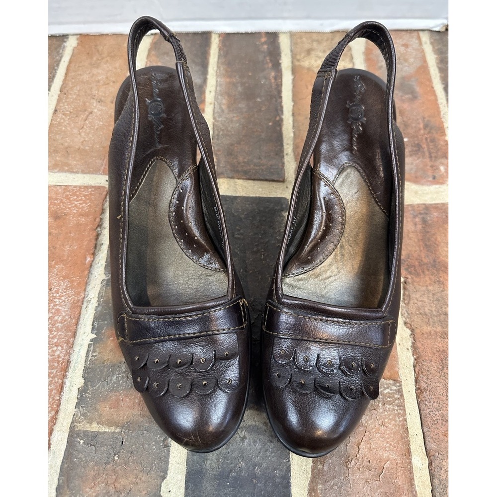 Born Crown Brown Leather Slingback Heels Scalloped Round Toe Block Heel 8.5 - Picture 7 of 7